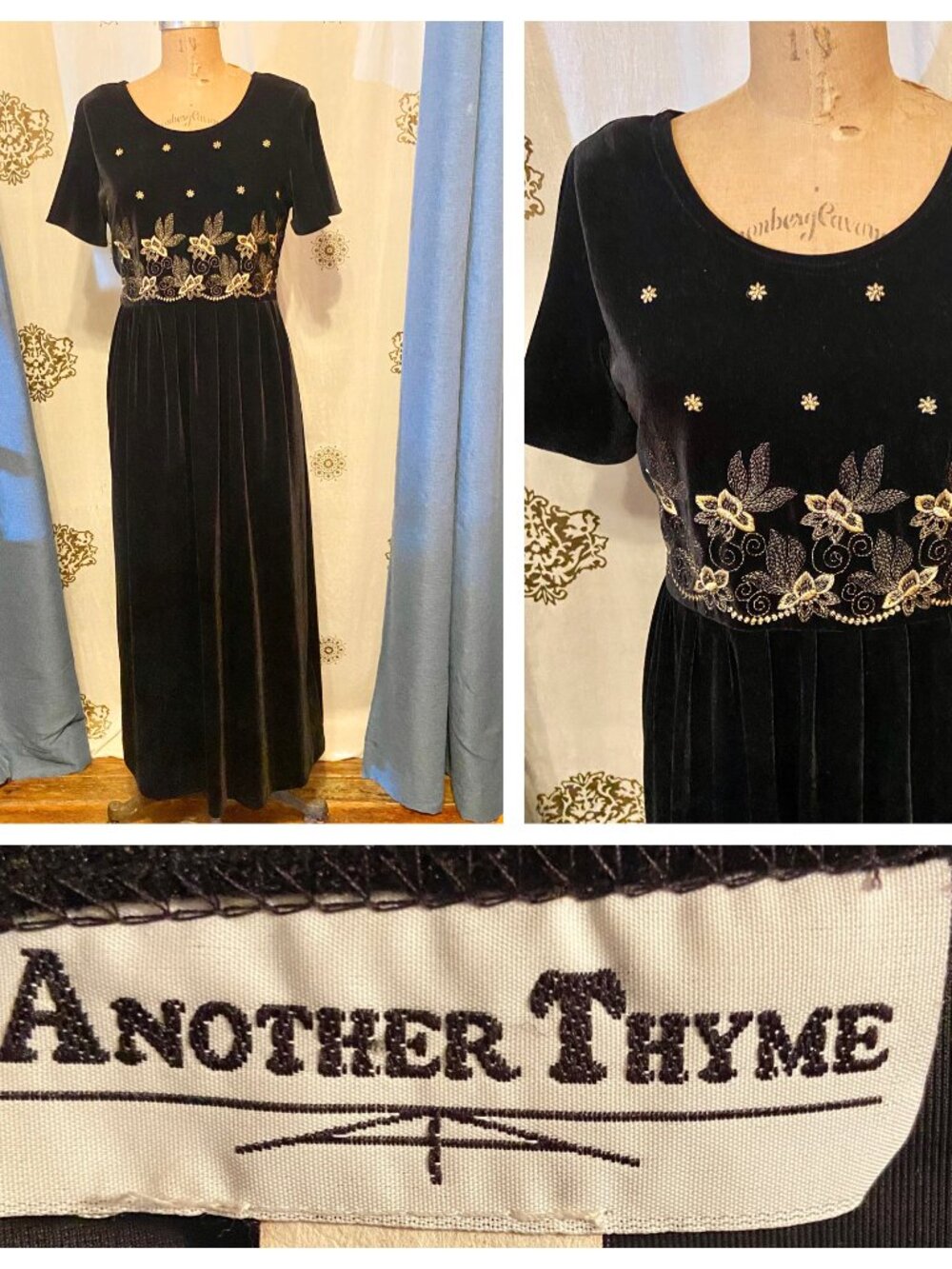 Vintage 90s ANOTHER THYME Black Velvet Dress Gold Embroidery Y2K Whimsigoth 8